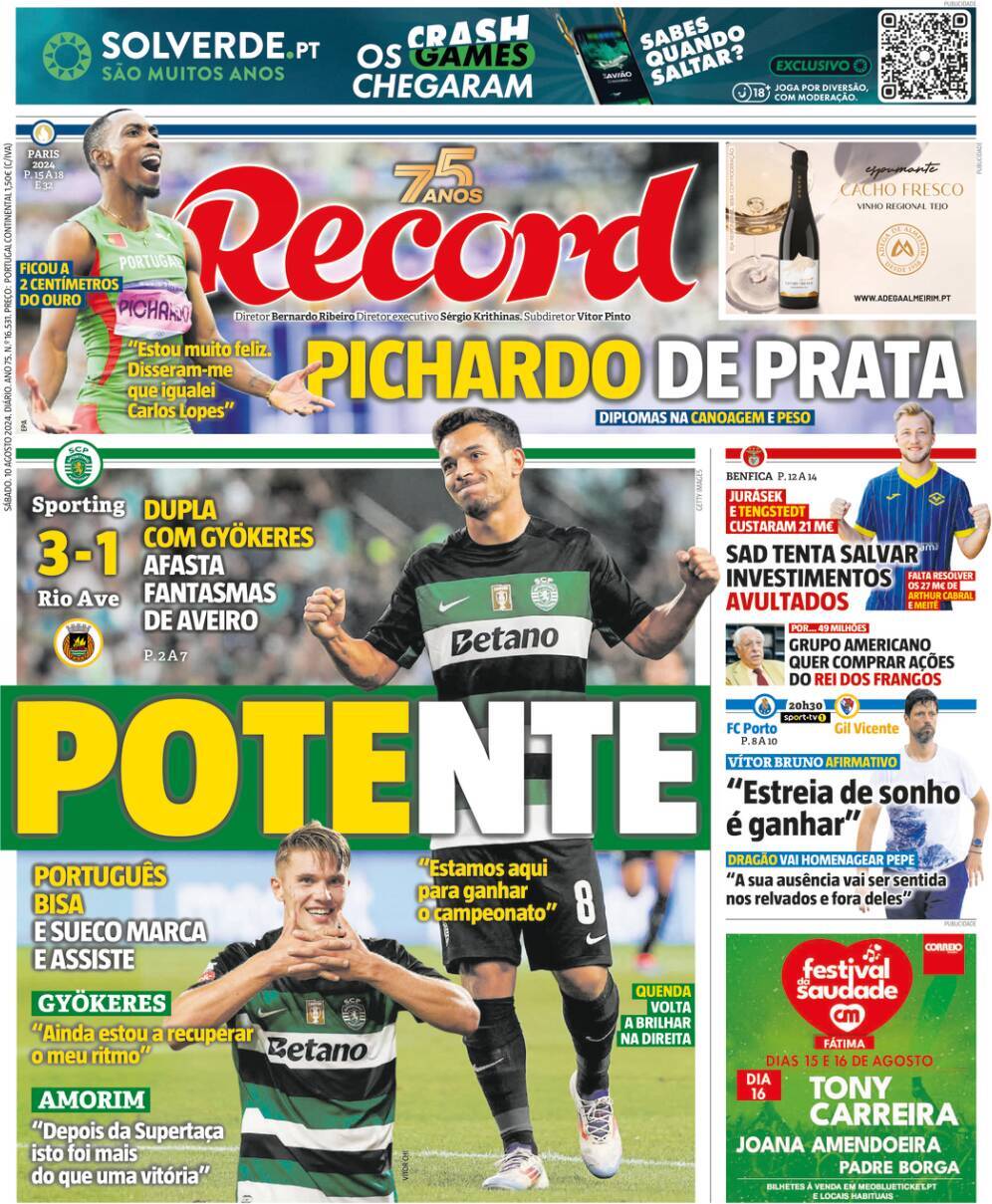 Record: Capa da Edi&ccedil;&atilde;o de s&aacute;bado, 10 de agosto 2024