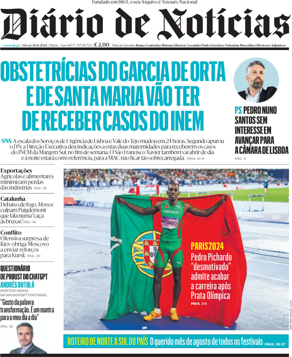 Di&aacute;rio de Not&iacute;cias: Capa da Edi&ccedil;&atilde;o de s&aacute;bado, 10 de agosto 2024