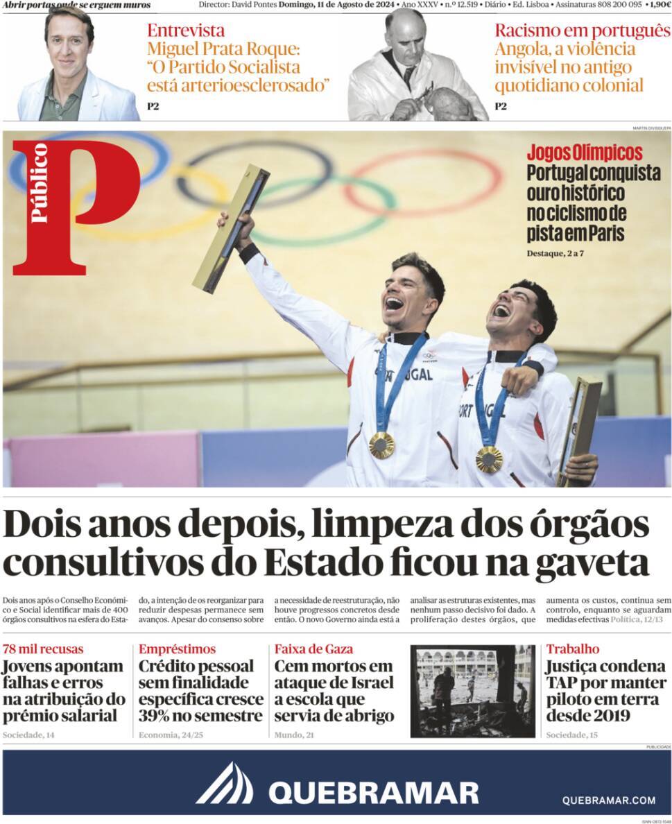 P&uacute;blico: Capa da Edi&ccedil;&atilde;o de domingo, 11 de agosto 2024