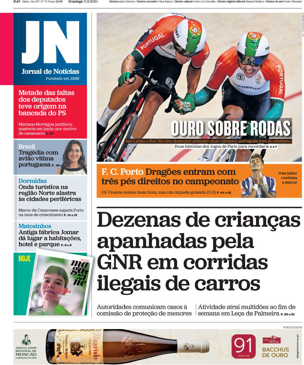Jornal de Not&iacute;cias: Capa da Edi&ccedil;&atilde;o de domingo, 11 de agosto 2024