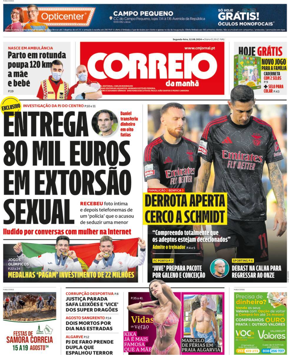 Correio da Manh&atilde;: Capa da Edi&ccedil;&atilde;o de segunda-feira, 12 de agosto 2024