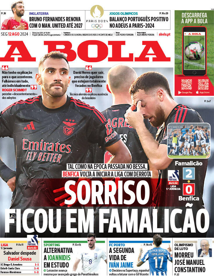 A Bola: Capa da Edi&ccedil;&atilde;o de segunda-feira, 12 de agosto 2024