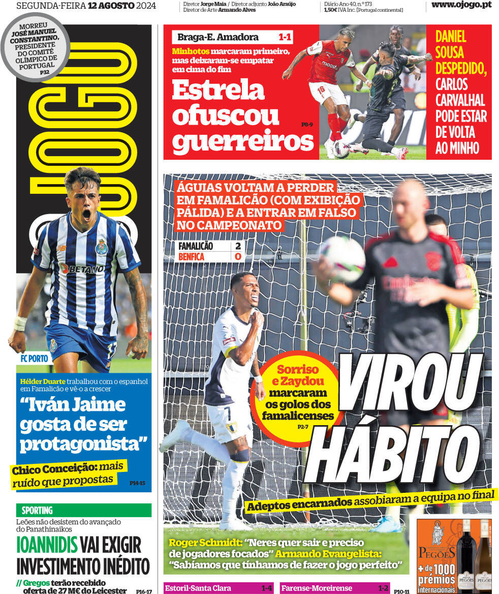 O Jogo: Capa da Edi&ccedil;&atilde;o de segunda-feira, 12 de agosto 2024