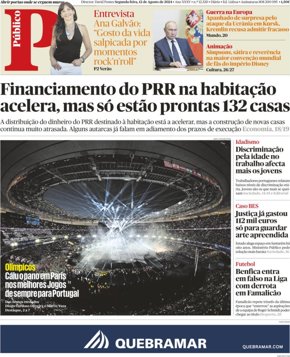P&uacute;blico: Capa da Edi&ccedil;&atilde;o de segunda-feira, 12 de agosto 2024