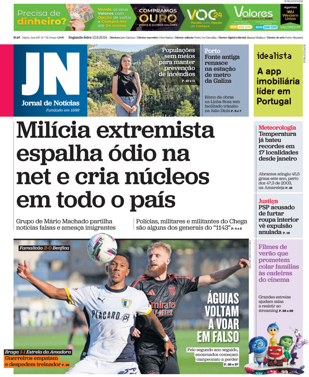 Jornal de Not&iacute;cias: Capa da Edi&ccedil;&atilde;o de segunda-feira, 12 de agosto 2024