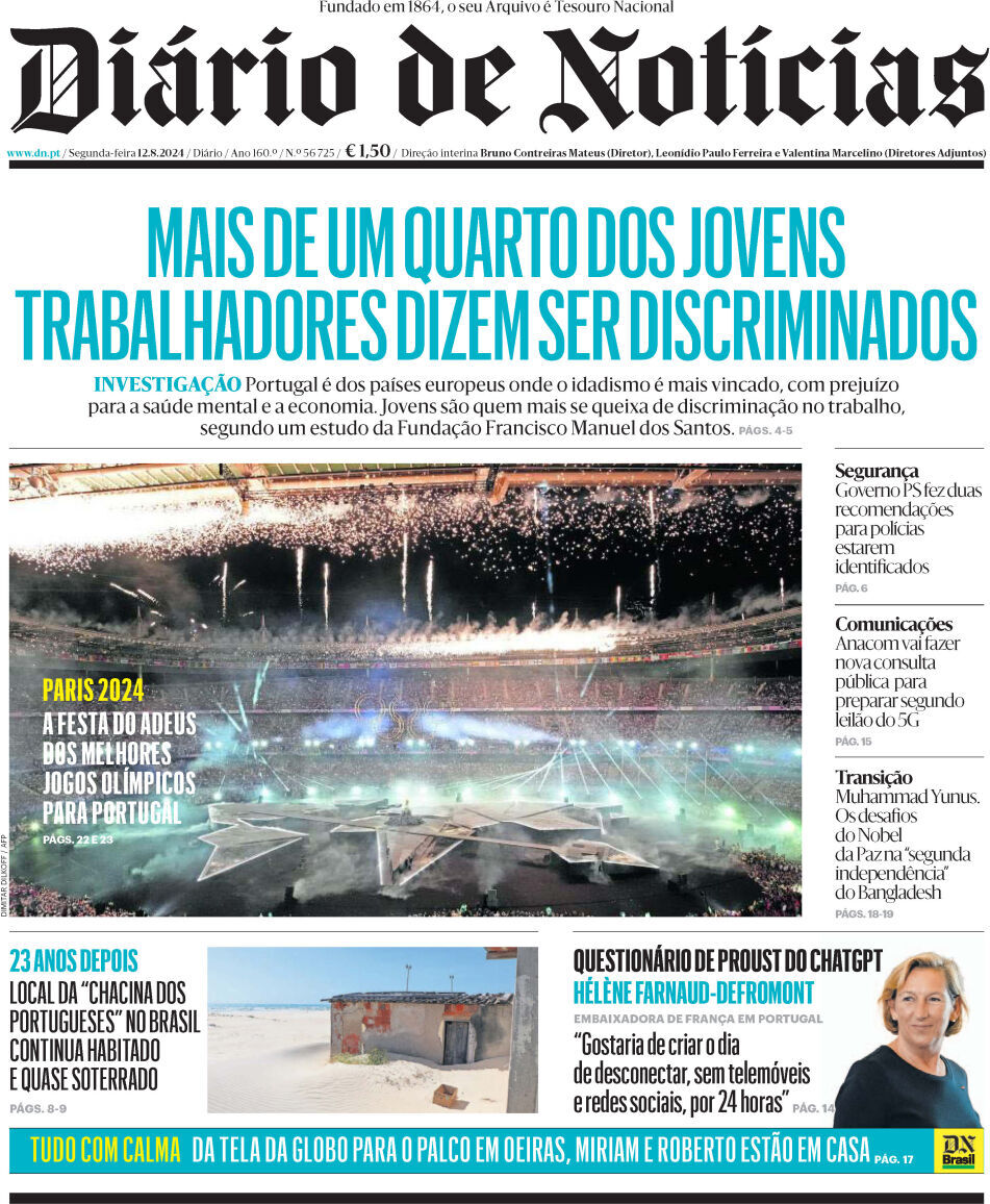 Di&aacute;rio de Not&iacute;cias: Capa da Edi&ccedil;&atilde;o de segunda-feira, 12 de agosto 2024