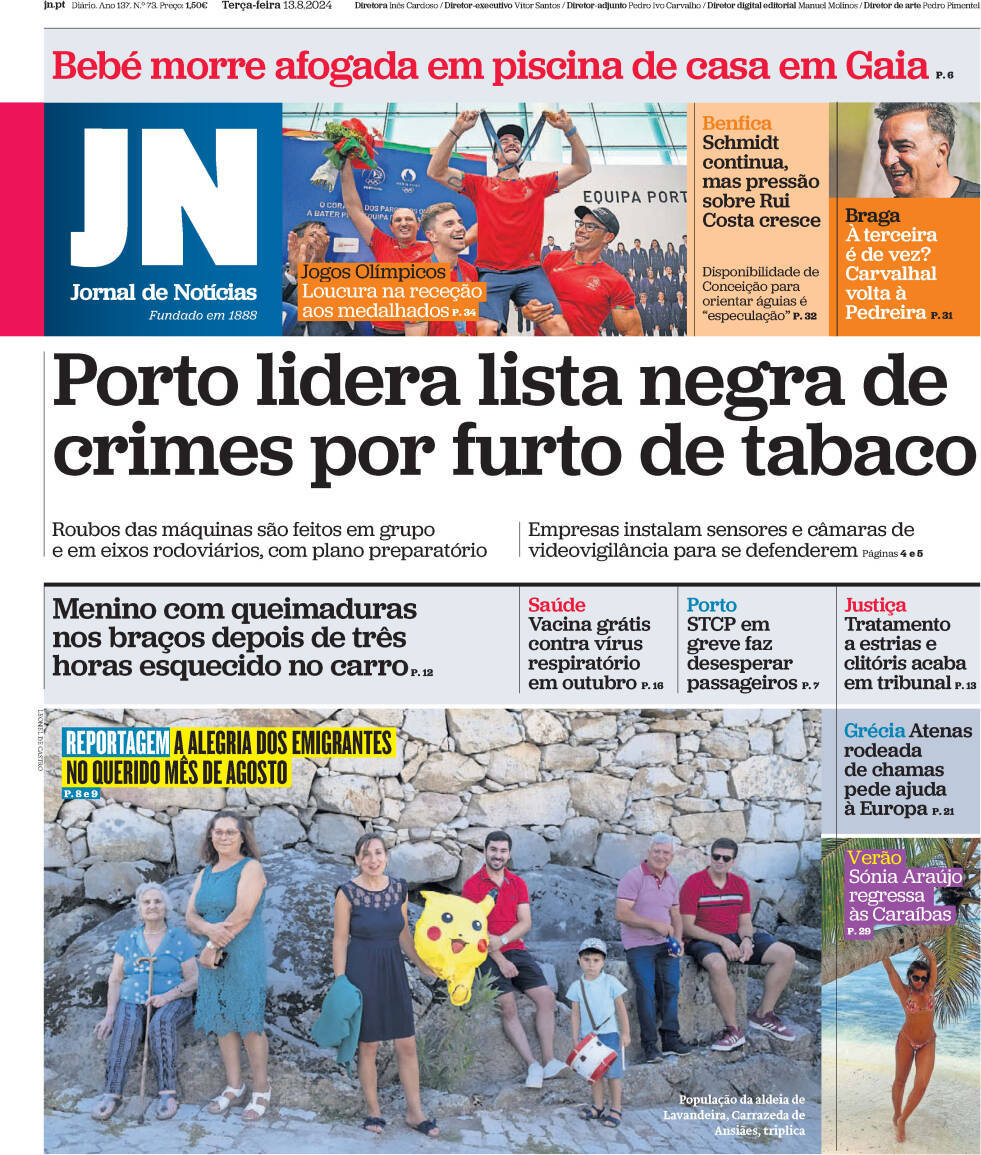 Jornal de Not&iacute;cias: Capa da Edi&ccedil;&atilde;o de ter&ccedil;a-feira, 13 de agosto 2024