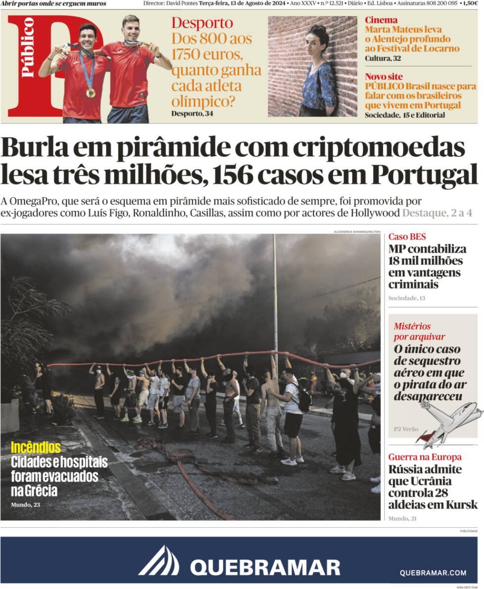 P&uacute;blico: Capa da Edi&ccedil;&atilde;o de ter&ccedil;a-feira, 13 de agosto 2024