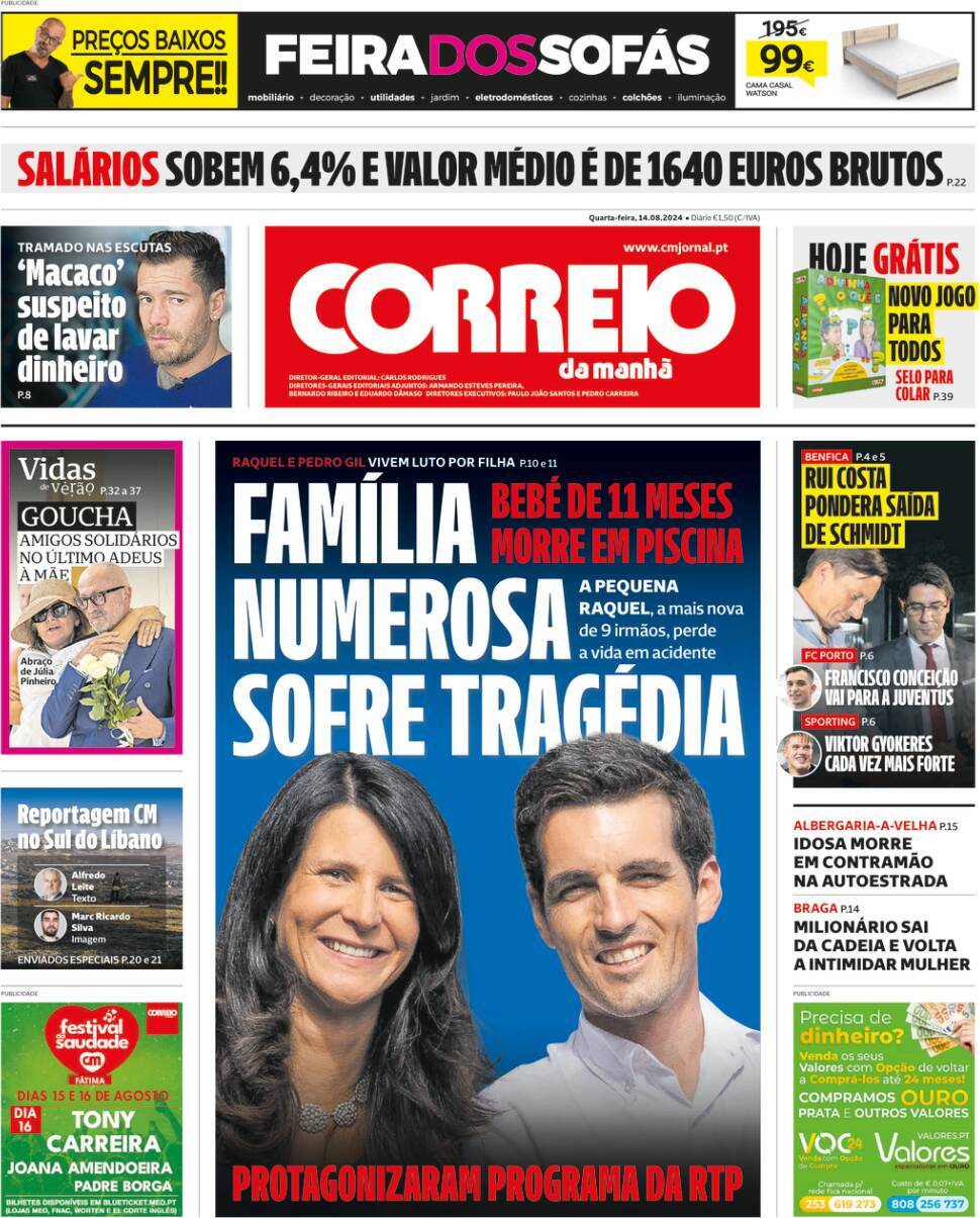 Correio da Manh&atilde;: Capa da Edi&ccedil;&atilde;o de quarta-feira, 14 de agosto 2024
