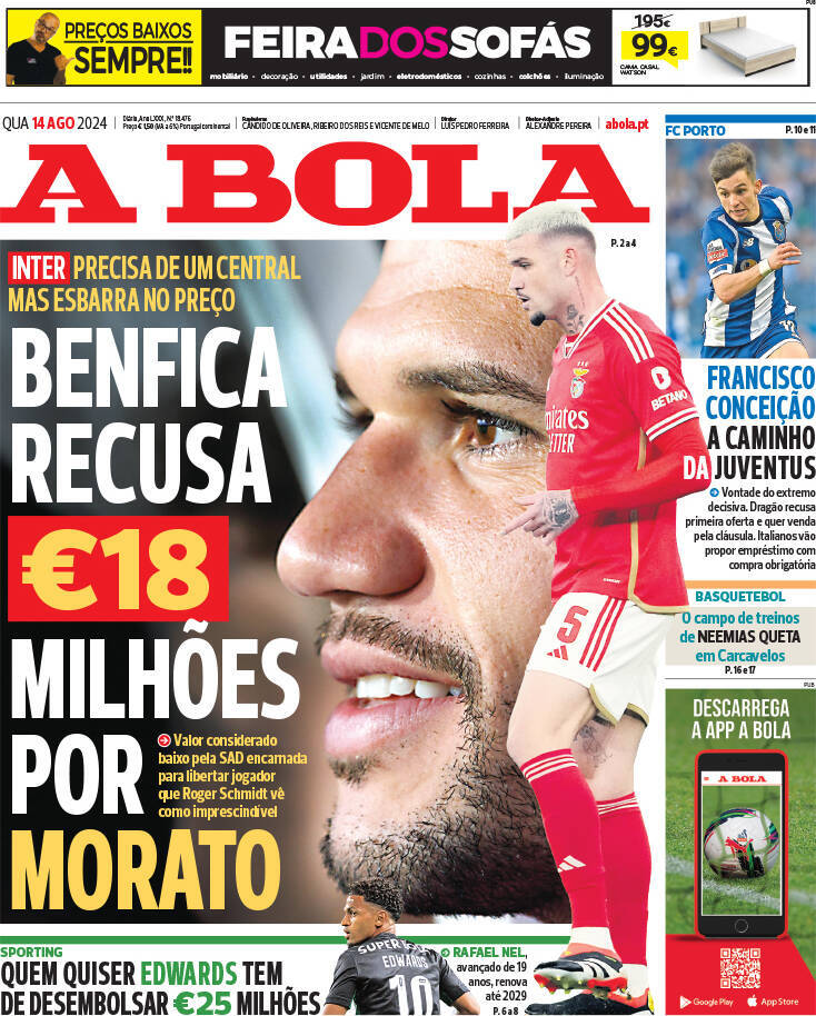 A Bola: Capa da Edi&ccedil;&atilde;o de quarta-feira, 14 de agosto 2024
