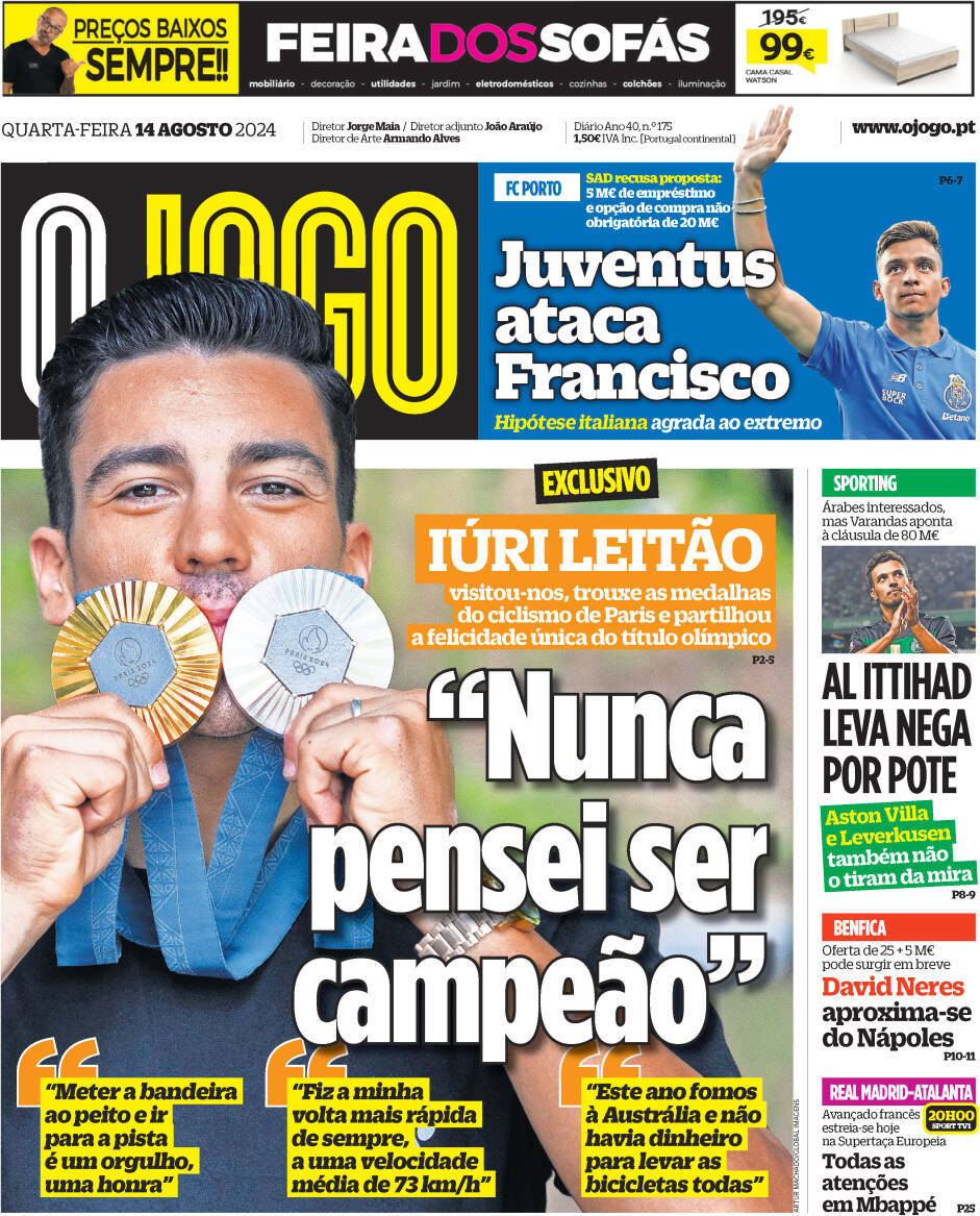 O Jogo: Capa da Edi&ccedil;&atilde;o de quarta-feira, 14 de agosto 2024