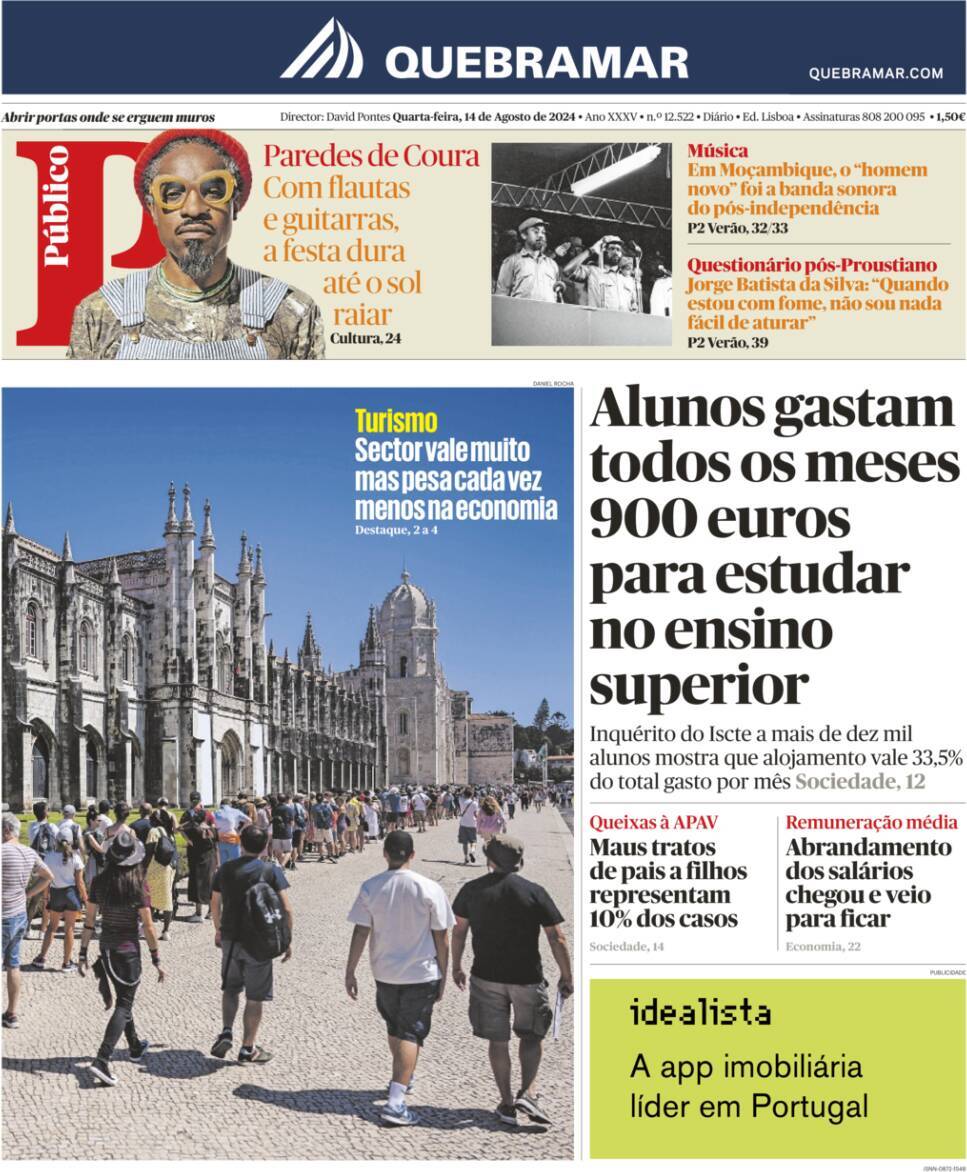 P&uacute;blico: Capa da Edi&ccedil;&atilde;o de quarta-feira, 14 de agosto 2024