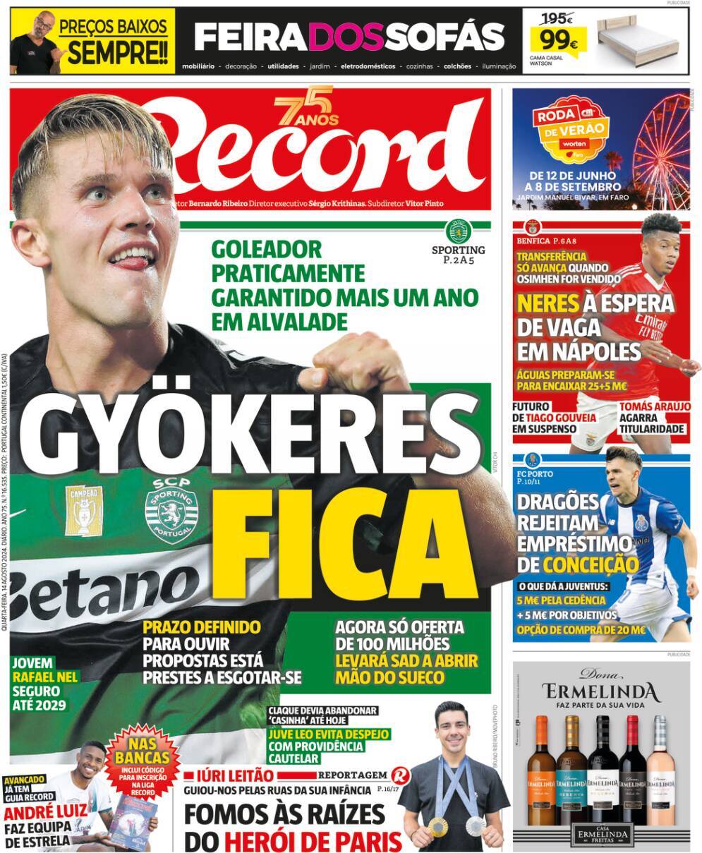 Record: Capa da Edi&ccedil;&atilde;o de quarta-feira, 14 de agosto 2024