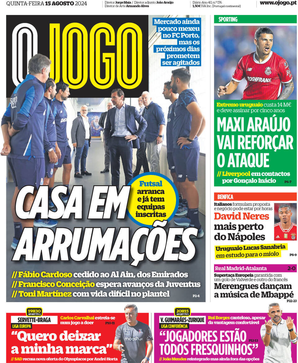 O Jogo: Capa da Edi&ccedil;&atilde;o de quinta-feira, 15 de agosto 2024