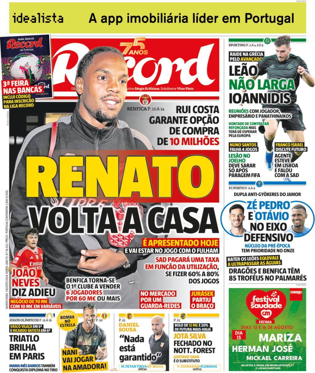 Record: Capa da Edi&ccedil;&atilde;o de quinta-feira, 01 de agosto 2024