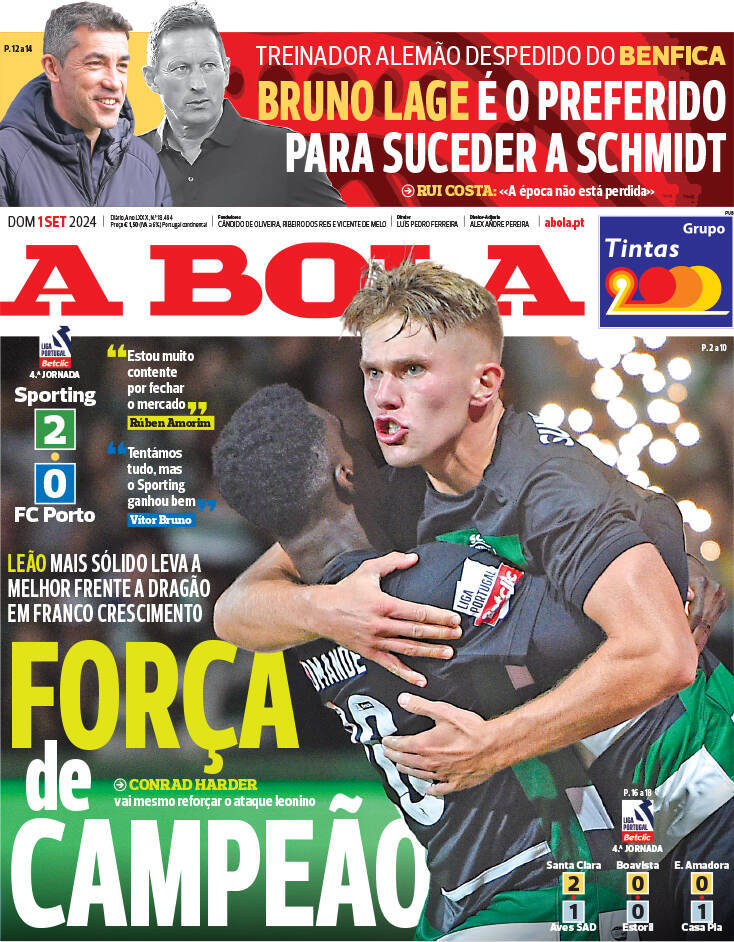 A Bola: Capa da Edi&ccedil;&atilde;o de domingo, 01 de setembro 2024