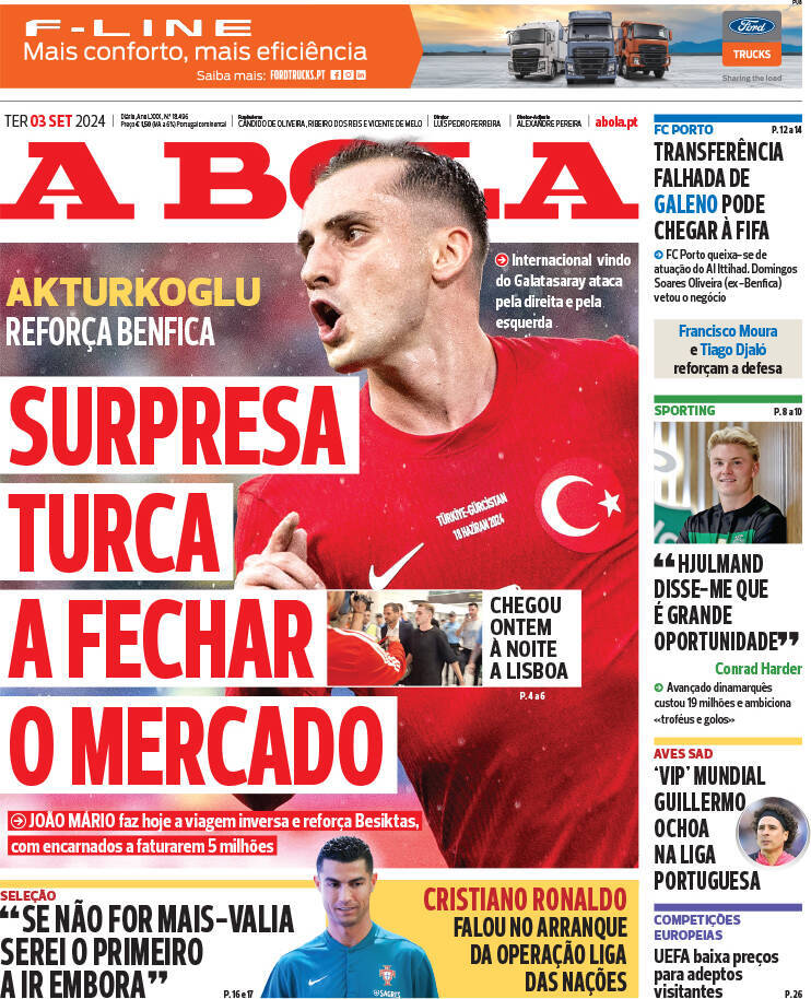 A Bola: Capa da Edi&ccedil;&atilde;o de ter&ccedil;a-feira, 03 de setembro 2024