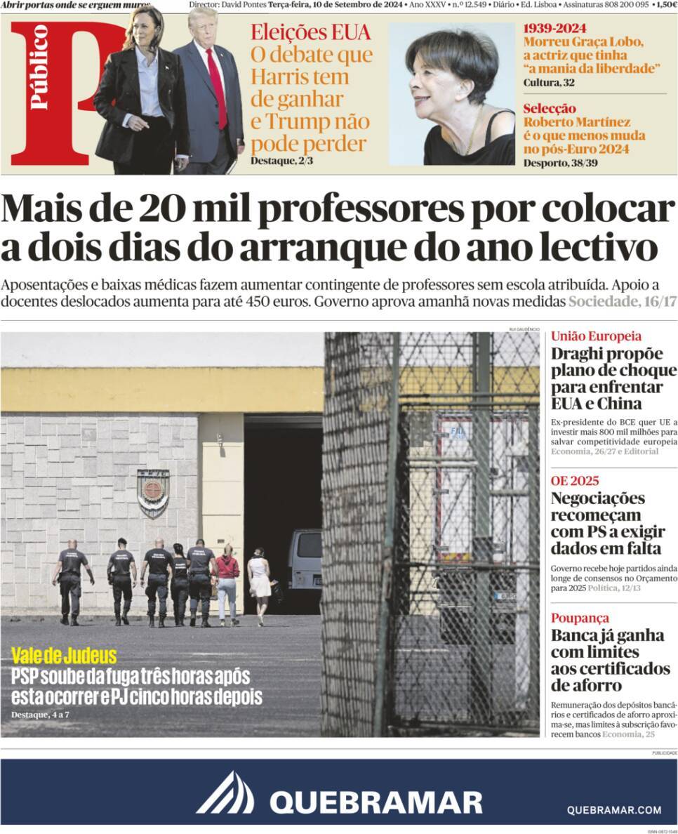 P&uacute;blico: Capa da Edi&ccedil;&atilde;o de ter&ccedil;a-feira, 10 de setembro 2024