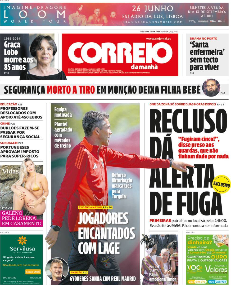 Correio da Manh&atilde;: Capa da Edi&ccedil;&atilde;o de ter&ccedil;a-feira, 10 de setembro 2024