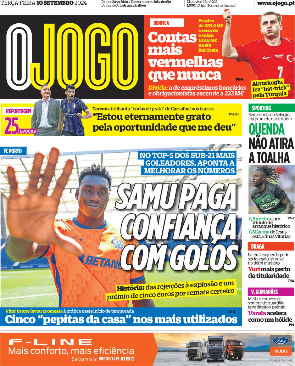 O Jogo: Capa da Edi&ccedil;&atilde;o de ter&ccedil;a-feira, 10 de setembro 2024