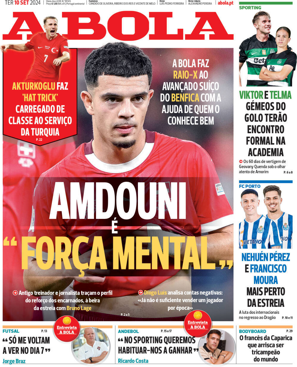 A Bola: Capa da Edi&ccedil;&atilde;o de ter&ccedil;a-feira, 10 de setembro 2024