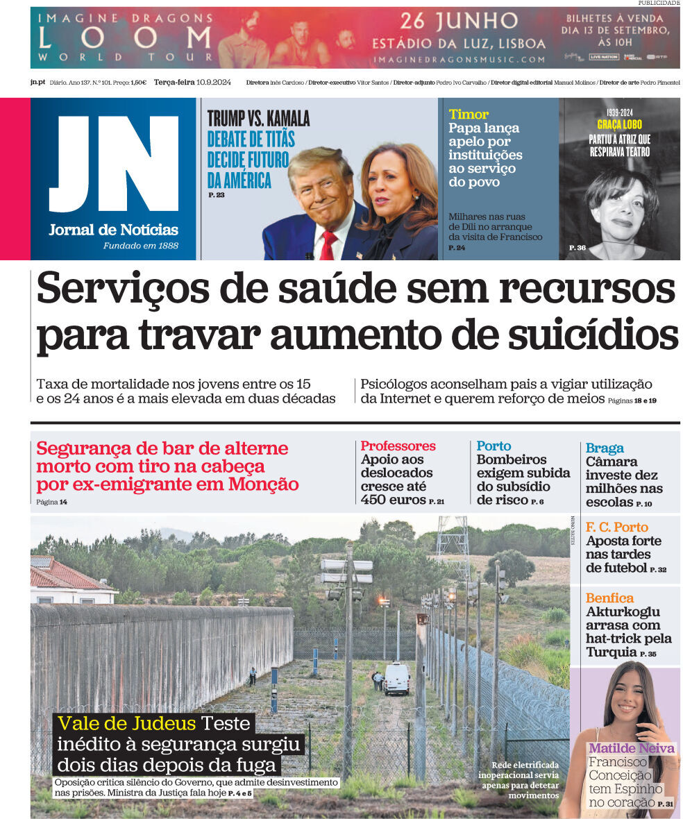 Jornal de Not&iacute;cias: Capa da Edi&ccedil;&atilde;o de ter&ccedil;a-feira, 10 de setembro 2024