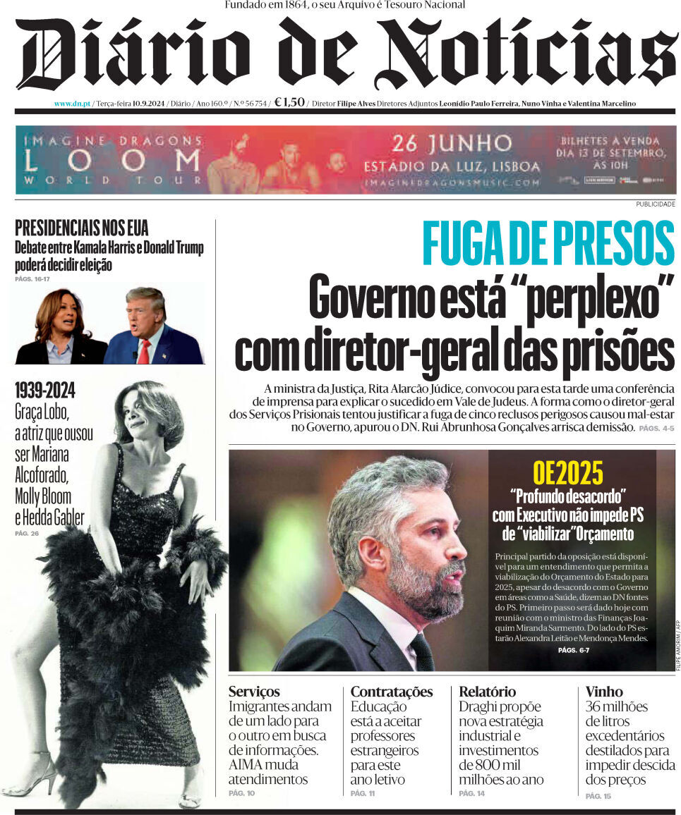 Di&aacute;rio de Not&iacute;cias: Capa da Edi&ccedil;&atilde;o de ter&ccedil;a-feira, 10 de setembro 2024