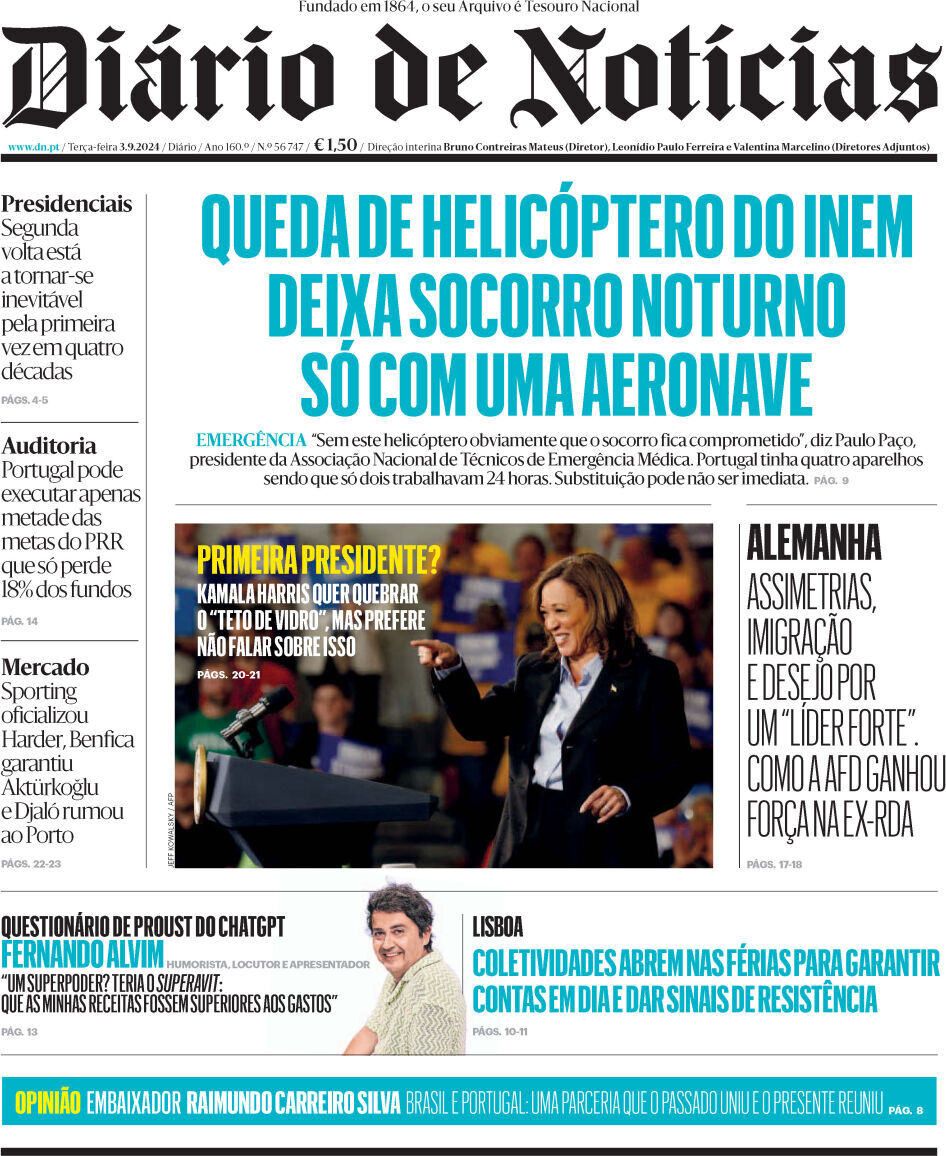 Di&aacute;rio de Not&iacute;cias: Capa da Edi&ccedil;&atilde;o de ter&ccedil;a-feira, 03 de setembro 2024