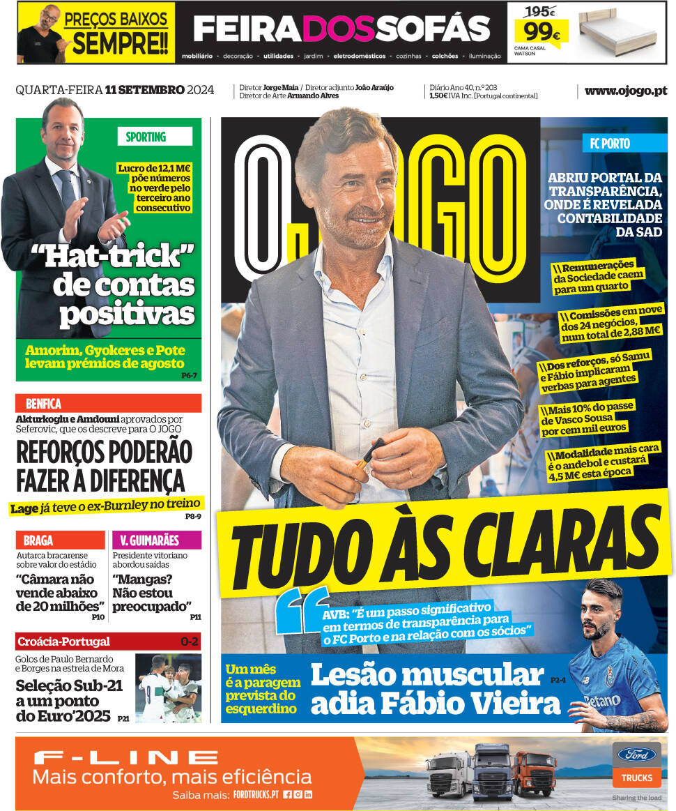 O Jogo: Capa da Edi&ccedil;&atilde;o de quarta-feira, 11 de setembro 2024