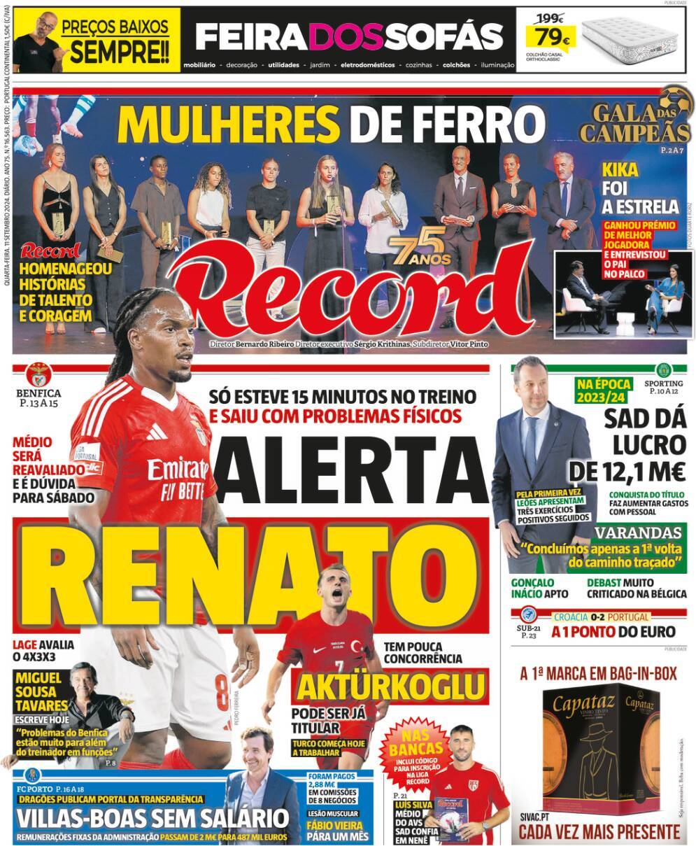 Record: Capa da Edi&ccedil;&atilde;o de quarta-feira, 11 de setembro 2024