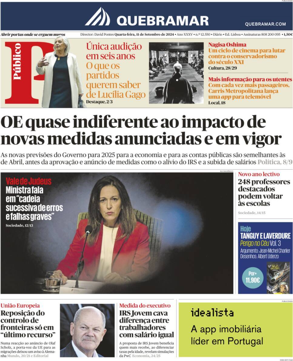 P&uacute;blico: Capa da Edi&ccedil;&atilde;o de quarta-feira, 11 de setembro 2024