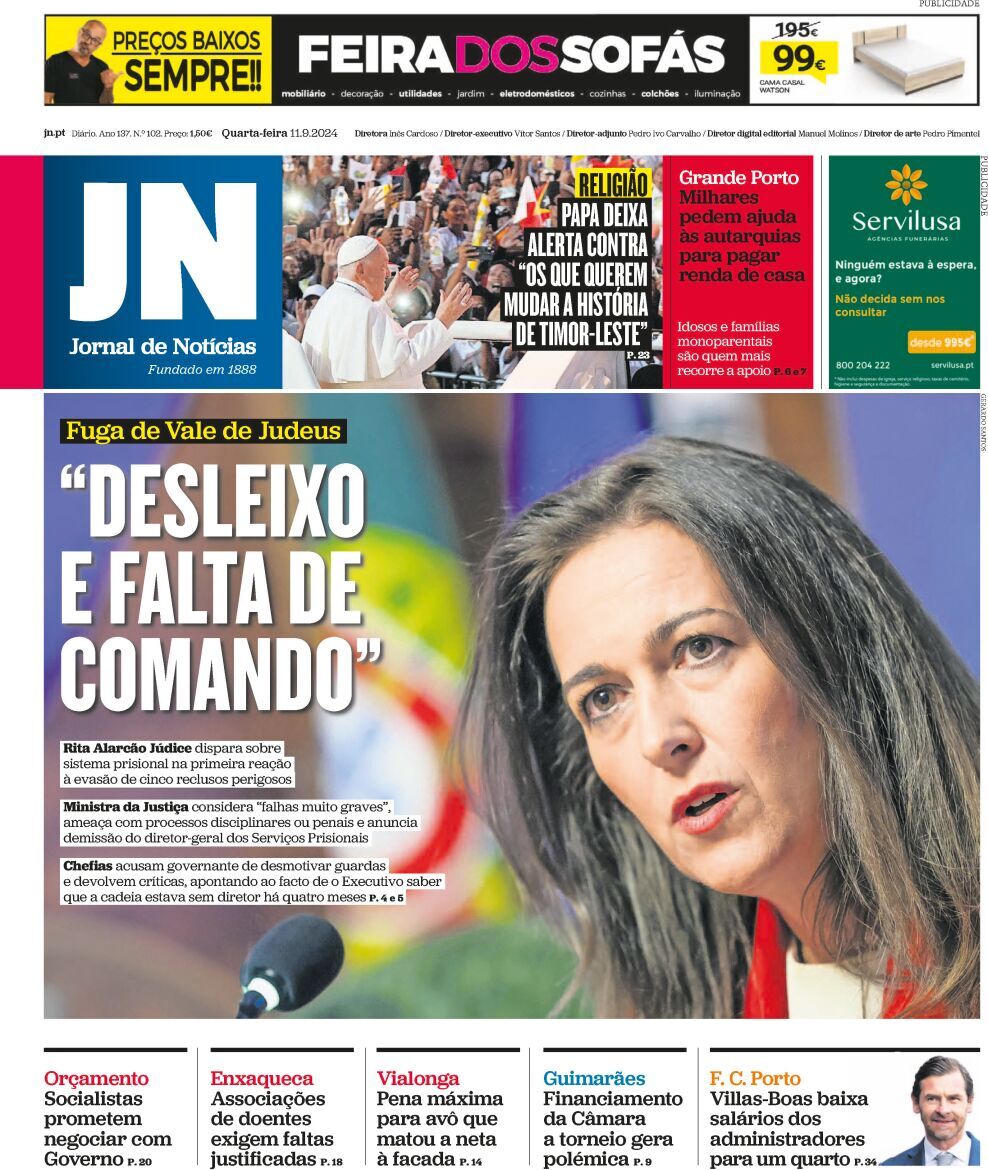Jornal de Not&iacute;cias: Capa da Edi&ccedil;&atilde;o de quarta-feira, 11 de setembro 2024