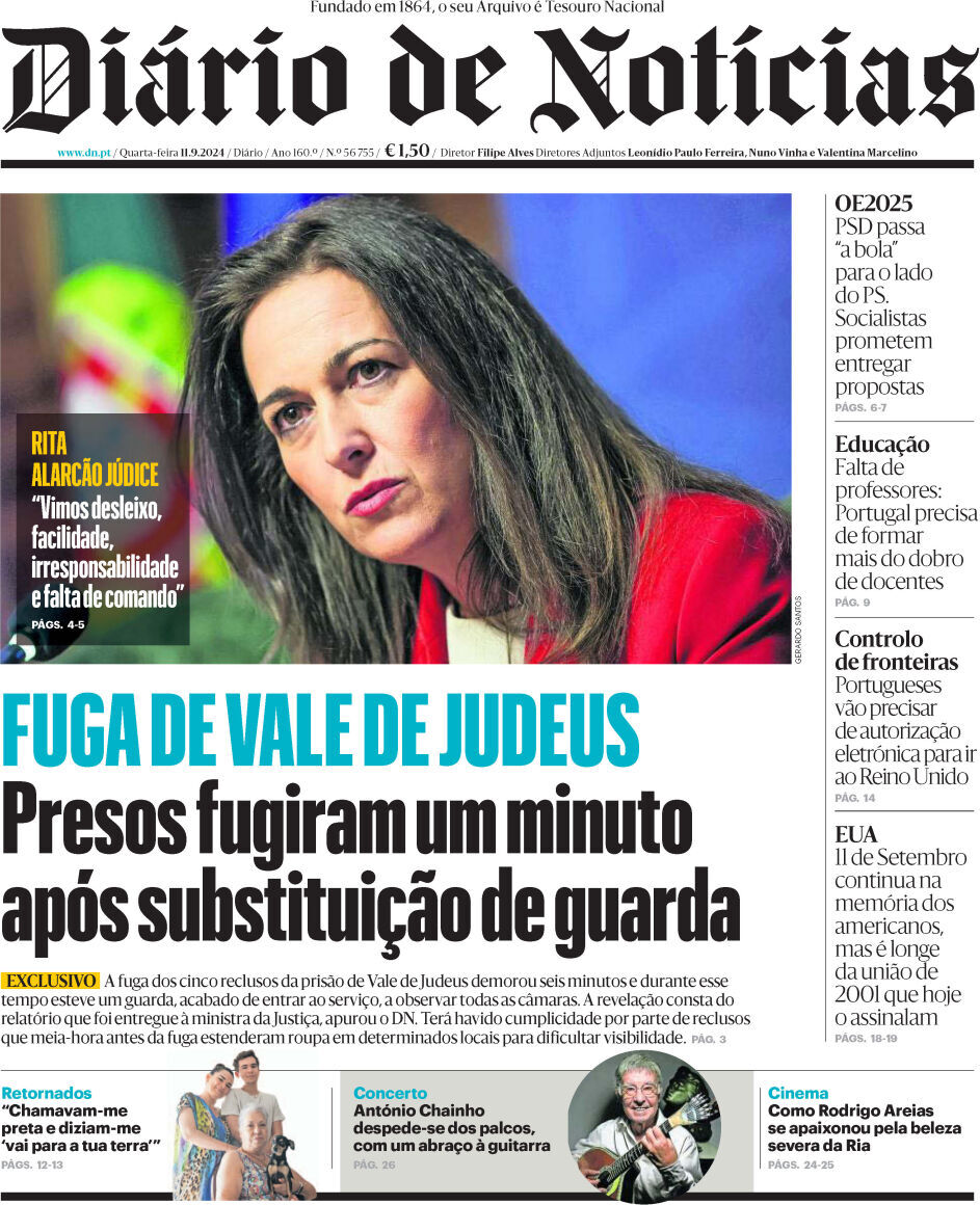 Di&aacute;rio de Not&iacute;cias: Capa da Edi&ccedil;&atilde;o de quarta-feira, 11 de setembro 2024