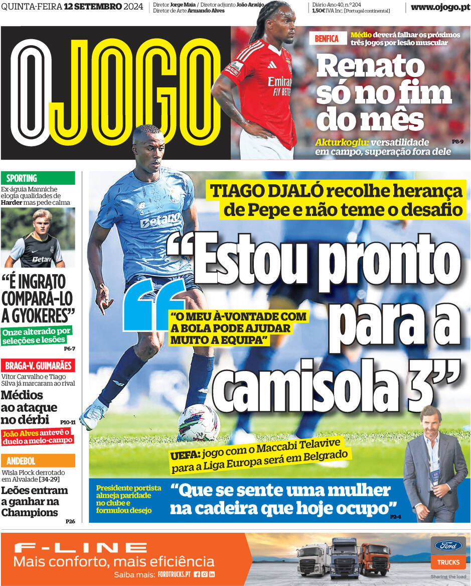A Bola: Capa da Edi&ccedil;&atilde;o de quinta-feira, 12 de setembro 2024