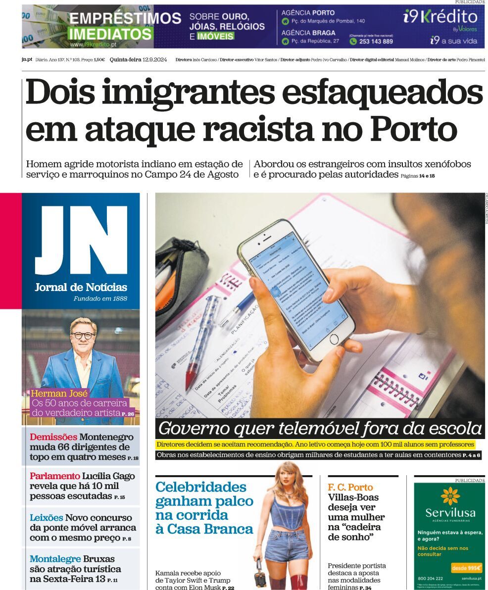 Jornal de Not&iacute;cias: Capa da Edi&ccedil;&atilde;o de quinta-feira, 12 de setembro 2024
