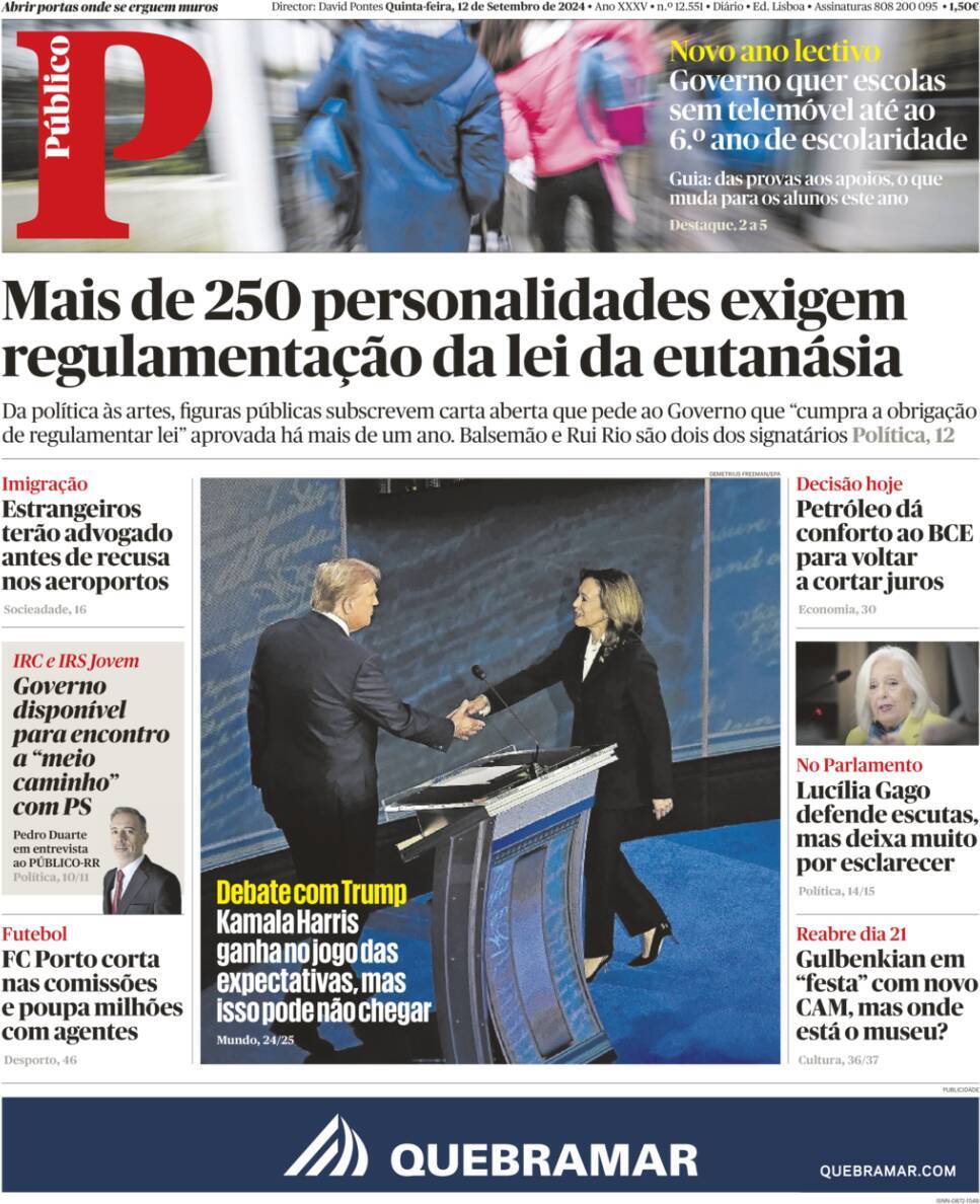 P&uacute;blico: Capa da Edi&ccedil;&atilde;o de quinta-feira, 12 de setembro 2024