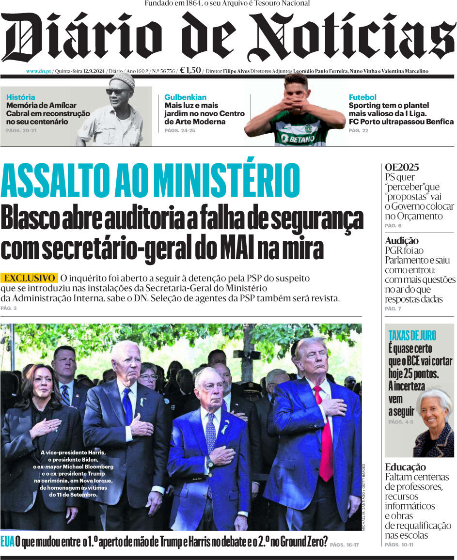 Di&aacute;rio de Not&iacute;cias: Capa da Edi&ccedil;&atilde;o de quinta-feira, 12 de setembro 2024