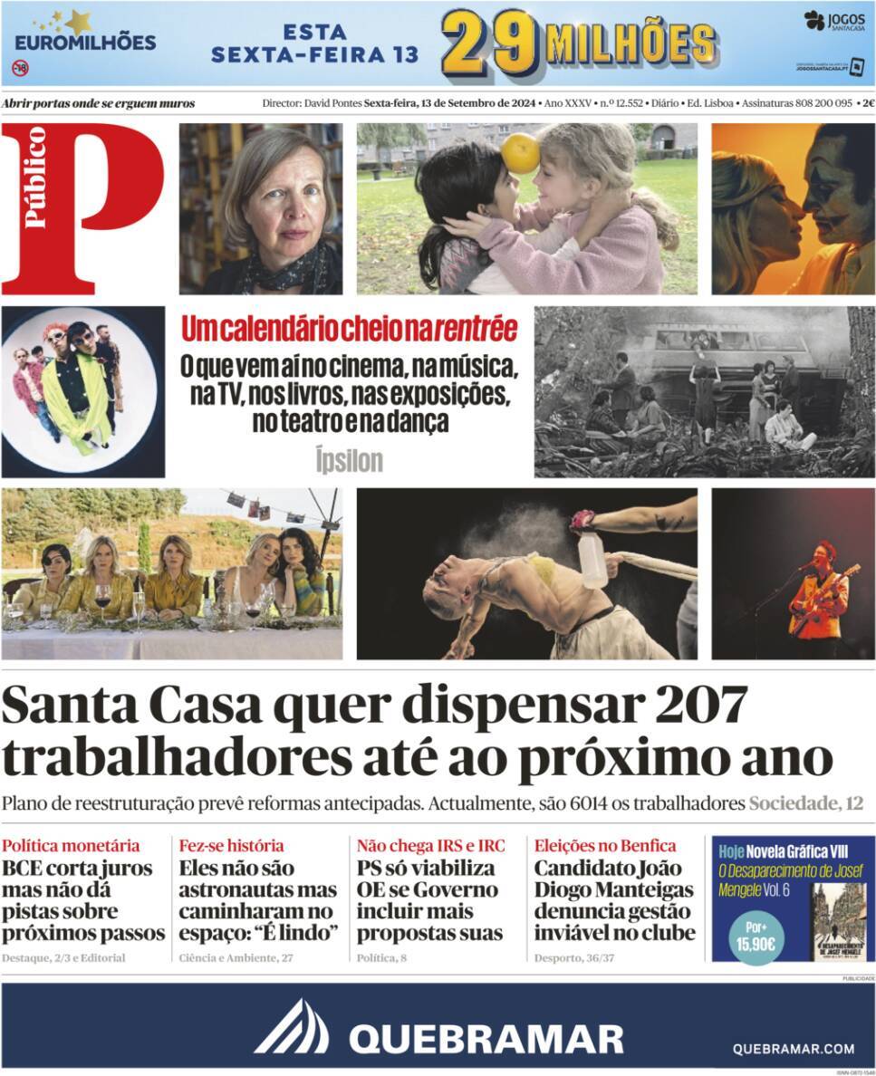 P&uacute;blico: Capa da Edi&ccedil;&atilde;o de sexta-feira, 13 de setembro 2024