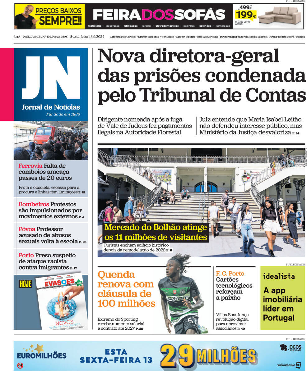 Jornal de Not&iacute;cias: Capa da Edi&ccedil;&atilde;o de sexta-feira, 13 de setembro 2024