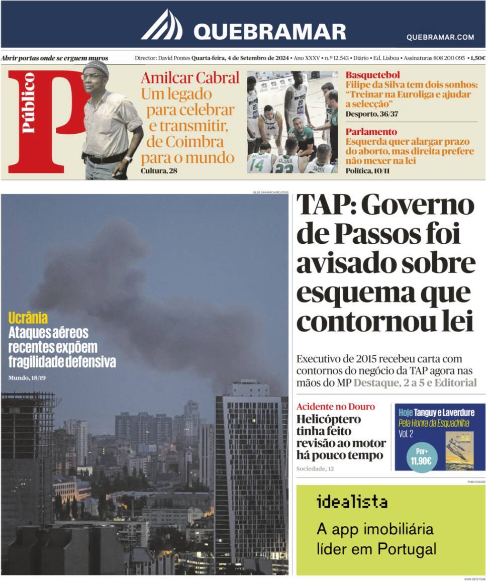 P&uacute;blico: Capa da Edi&ccedil;&atilde;o de quarta-feira, 04 de setembro 2024