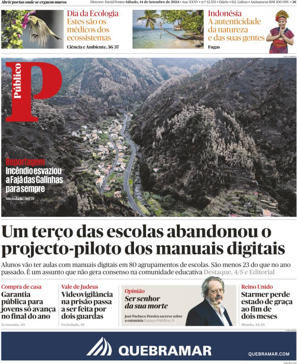 P&uacute;blico: Capa da Edi&ccedil;&atilde;o de s&aacute;bado, 14 de setembro 2024