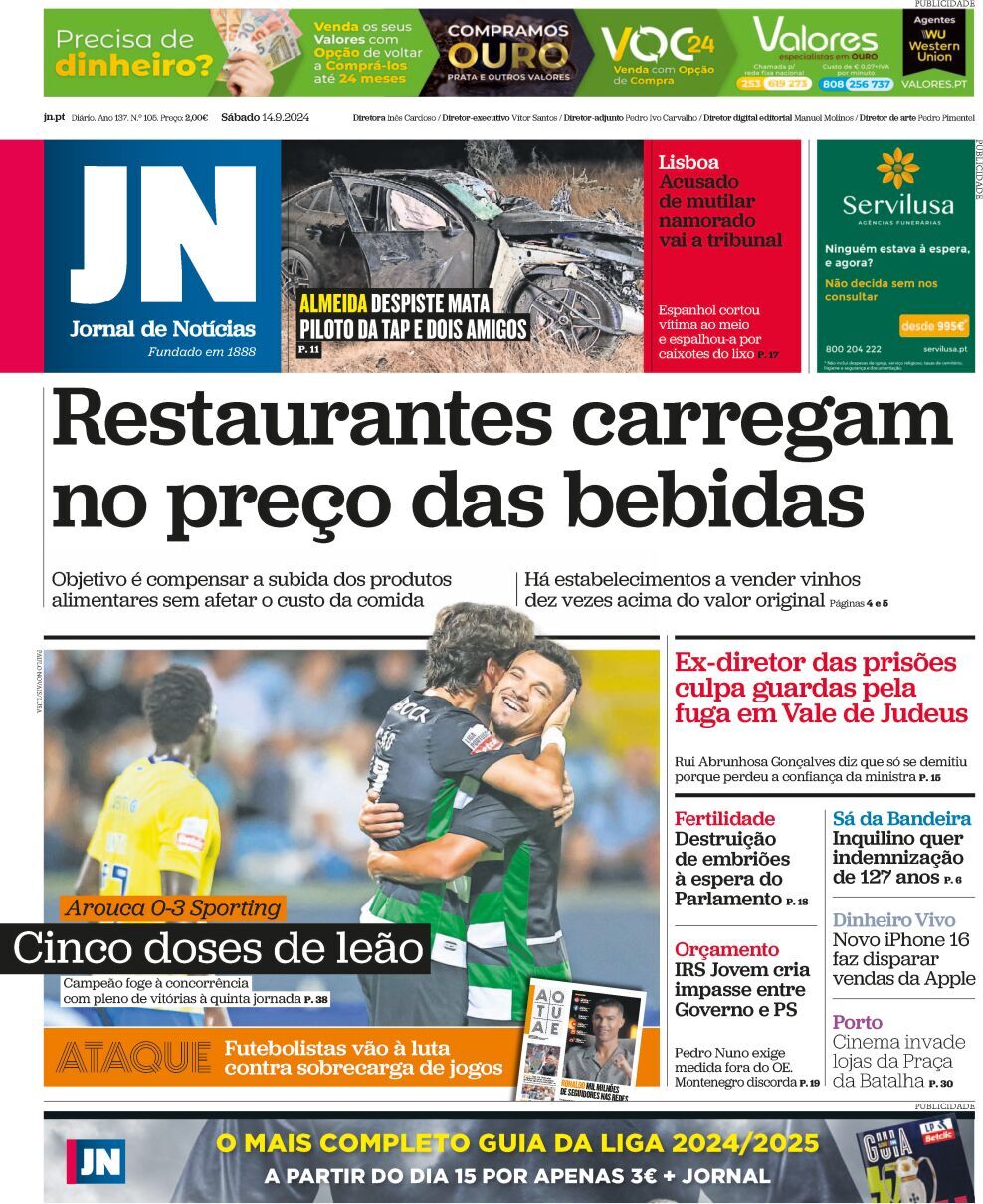 Jornal de Not&iacute;cias: Capa da Edi&ccedil;&atilde;o de s&aacute;bado, 14 de setembro 2024
