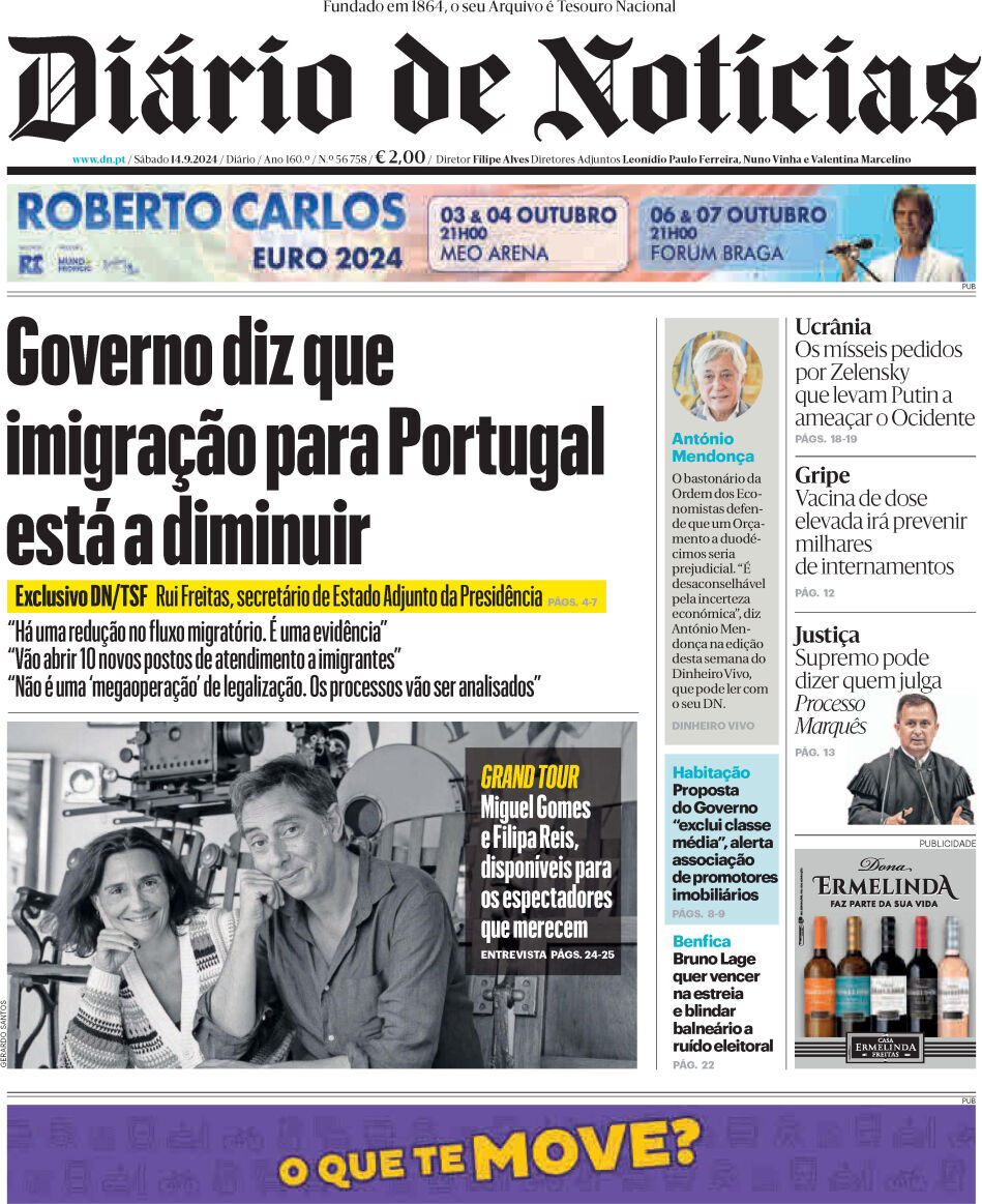 Di&aacute;rio de Not&iacute;cias: Capa da Edi&ccedil;&atilde;o de s&aacute;bado, 14 de setembro 2024
