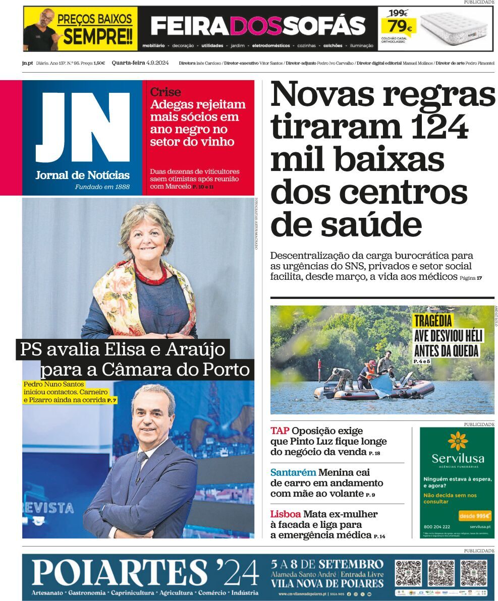 Jornal de Not&iacute;cias: Capa da Edi&ccedil;&atilde;o de quarta-feira, 04 de setembro 2024