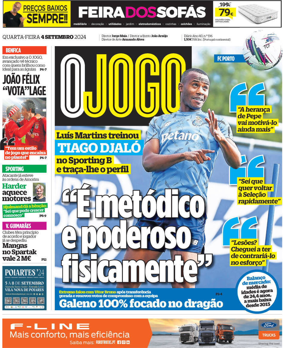 O Jogo: Capa da Edi&ccedil;&atilde;o de quarta-feira, 04 de setembro 2024