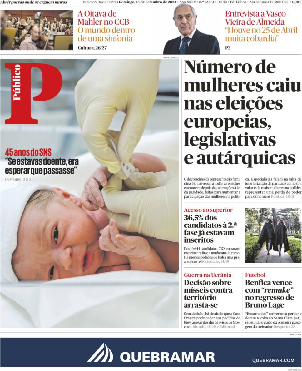 Jornal de Not&iacute;cias: Capa da Edi&ccedil;&atilde;o de domingo, 15 de setembro 2024