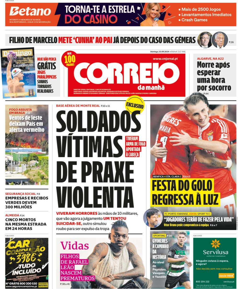 Correio da Manh&atilde;: Capa da Edi&ccedil;&atilde;o de domingo, 15 de setembro 2024
