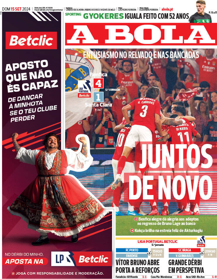 A Bola: Capa da Edi&ccedil;&atilde;o de domingo, 15 de setembro 2024