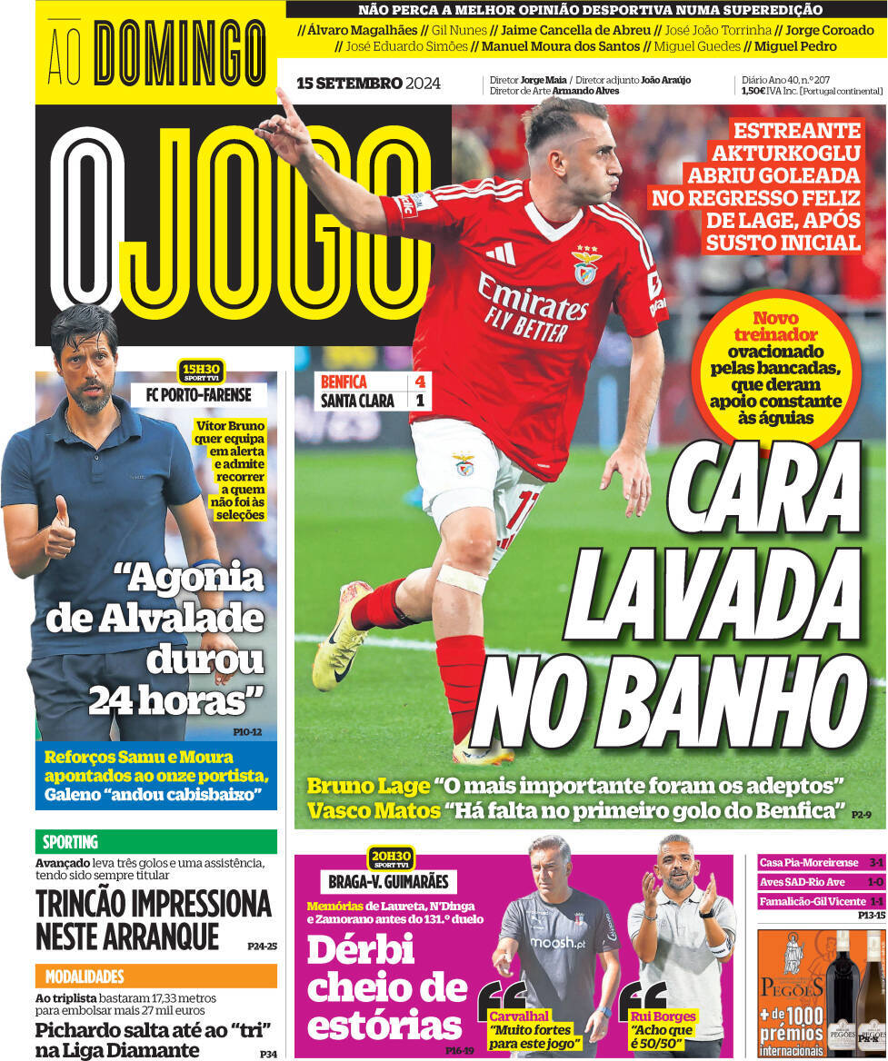 O Jogo: Capa da Edi&ccedil;&atilde;o de domingo, 15 de setembro 2024