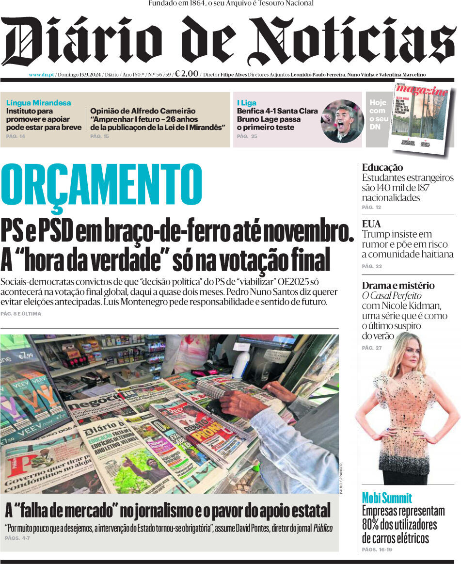 Di&aacute;rio de Not&iacute;cias: Capa da Edi&ccedil;&atilde;o de domingo, 15 de setembro 2024